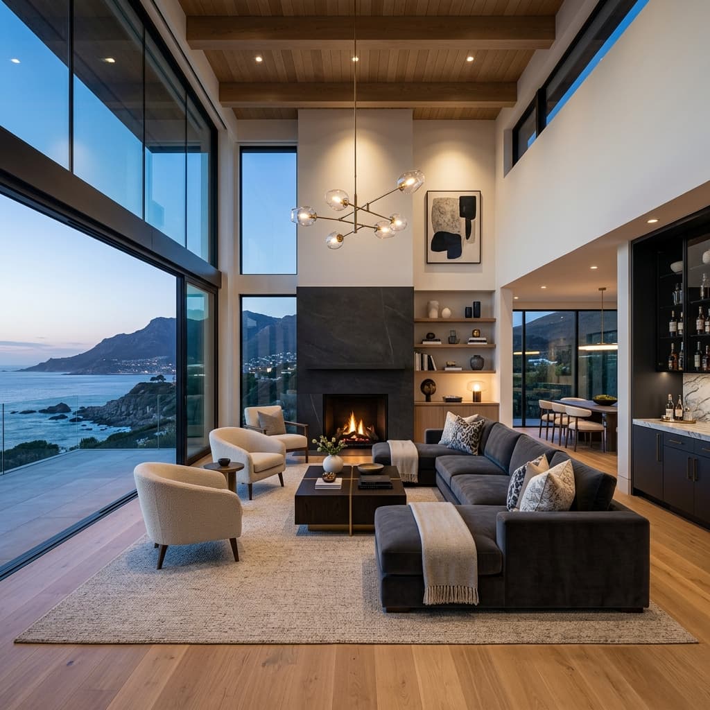 A bespoke interior designed by The Property Search, showing layered lighting and considered materials